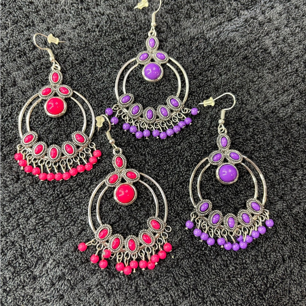 Vintage-Inspired Boho Dangle Earrings in Purple and Pink